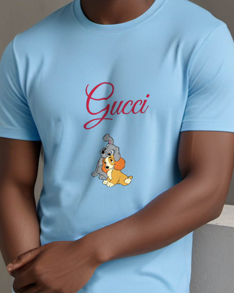 Sky Blue Young Lady And Tramp Sitting Close Together Graphic T-Shirt - model wearing view