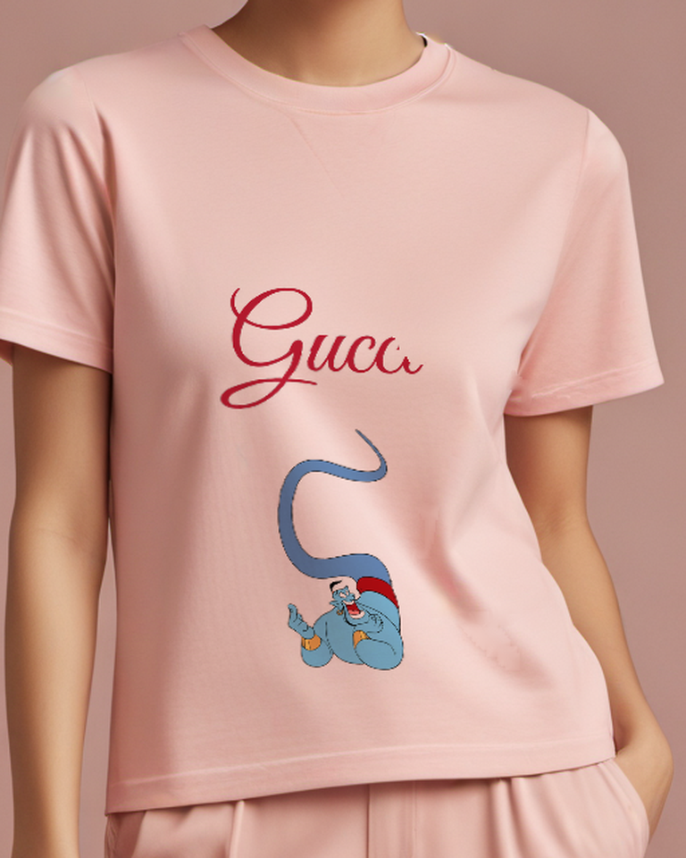 Blush Pink Blue Genie Crouching Long Tail Graphic T-Shirt - model wearing view