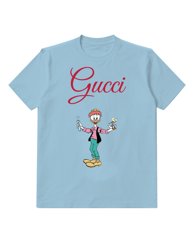 Sky Blue Gyro Holding Test Tube And Tiny Figure Graphic T-Shirt - front product view