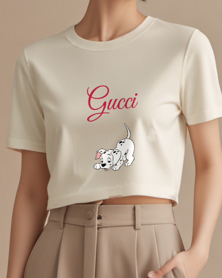 Beige Cute Dalmatian Puppy Looking Down Graphic T-Shirt - model wearing view