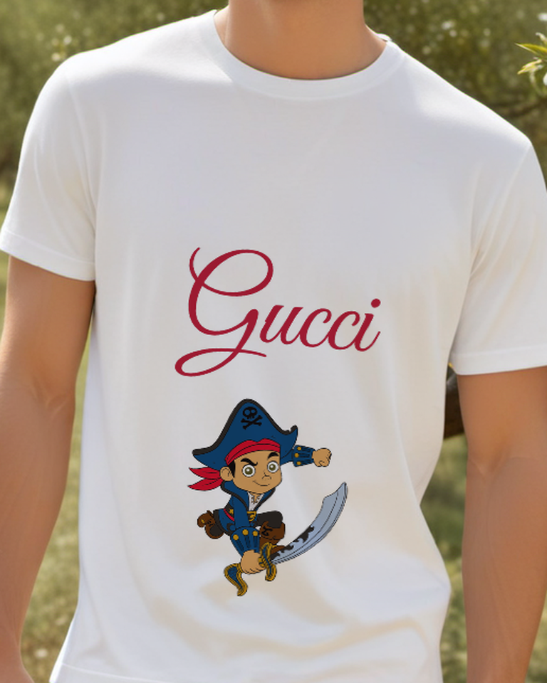 Light Gray Blue Hat Pirate Curved Blade Graphic T-Shirt - model wearing view