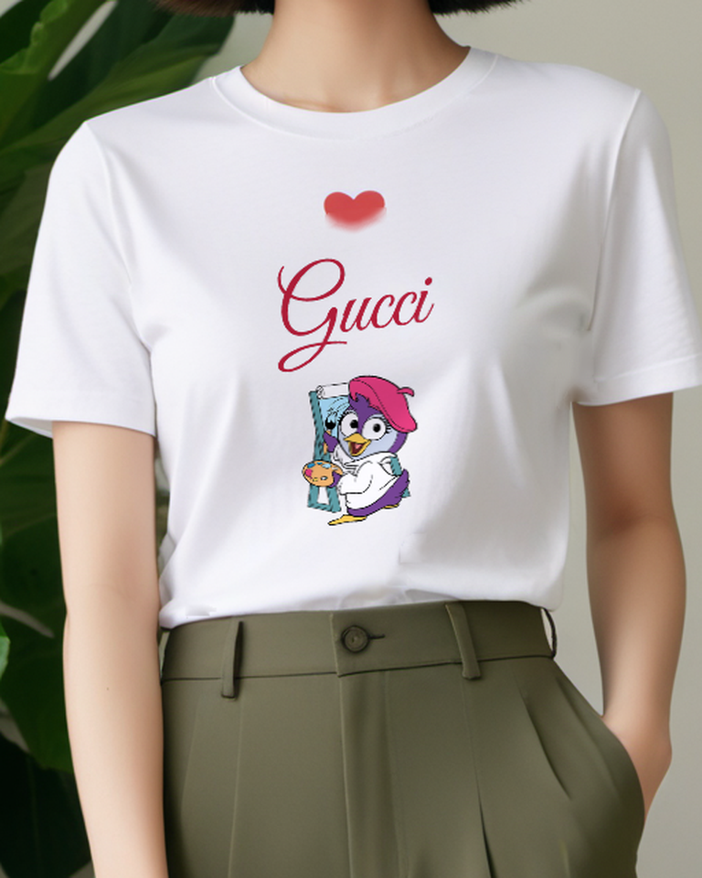 White Purple Penguin Artist Painting Graphic T-Shirt - model wearing view