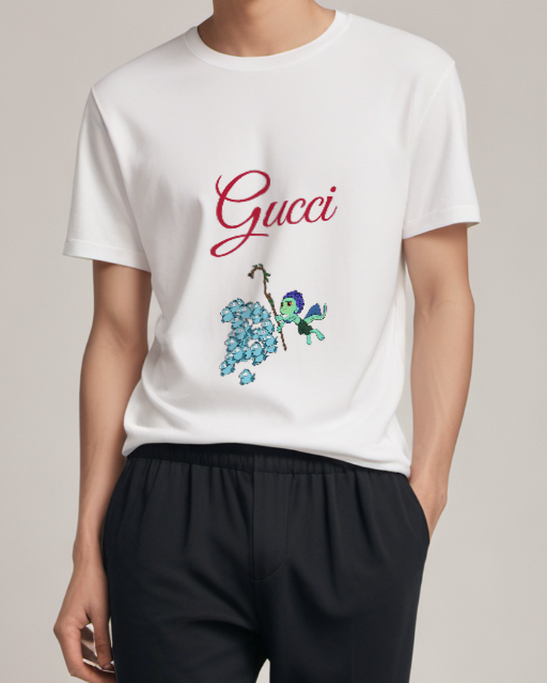 White Luca Herds Blue Fish With Staff Graphic T-Shirt - model wearing view