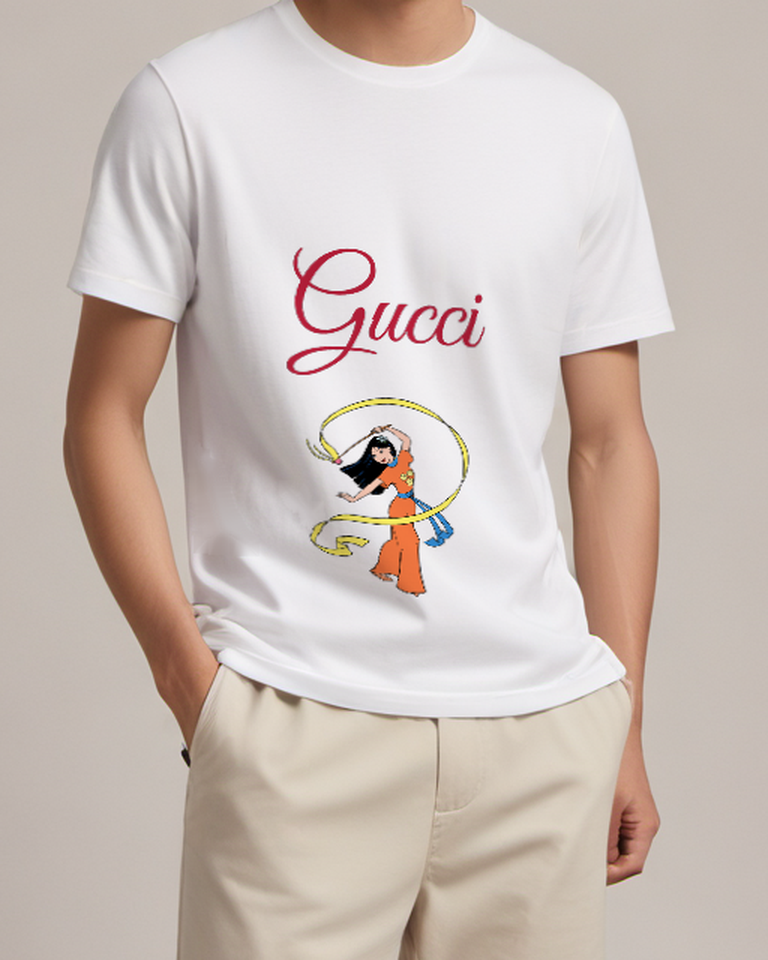 White Ribbon Twirling Orange Dress Woman Graphic T-Shirt - model wearing view