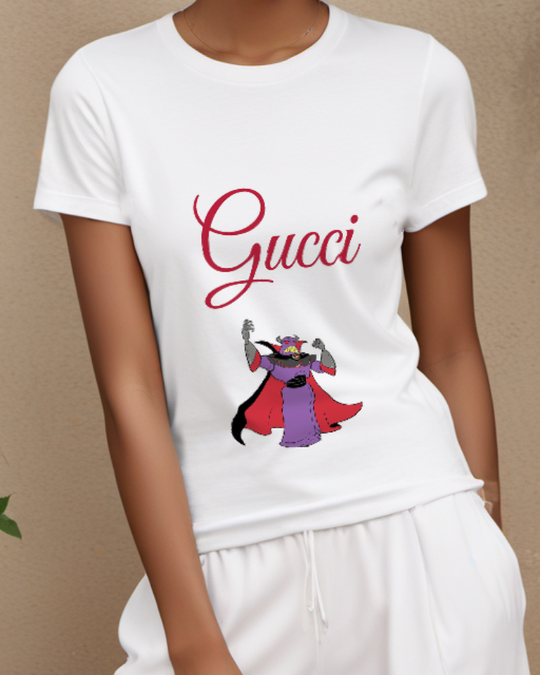 White Purple Space Villain Red Cape Graphic T-Shirt - model wearing view