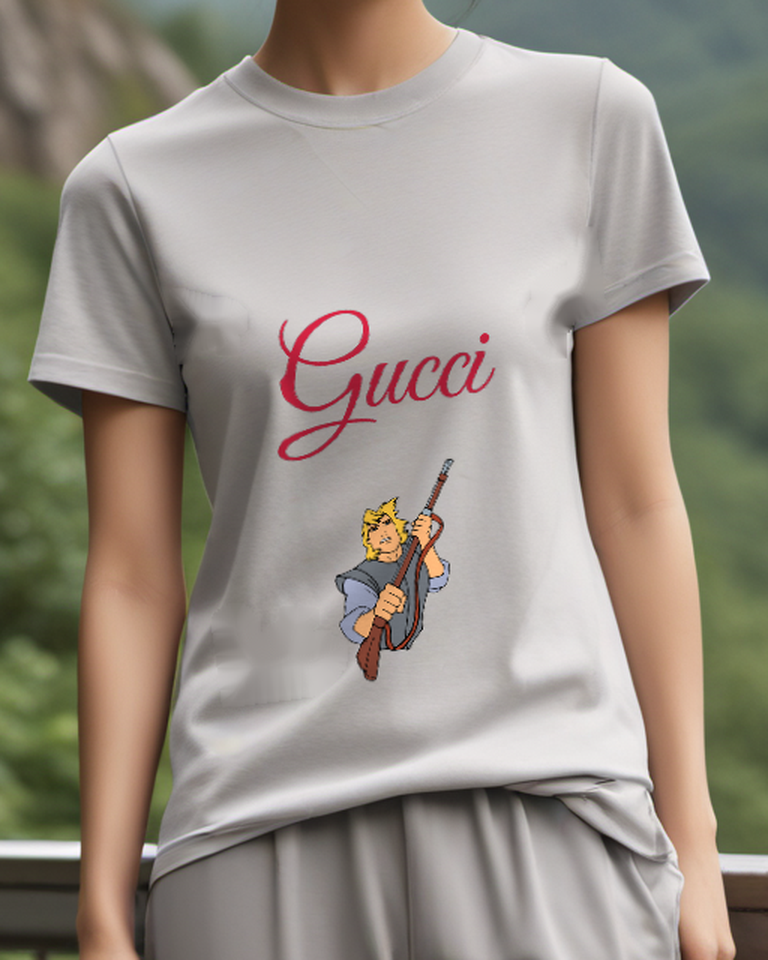 Light Gray Blond Explorer Holding Long Rifle Graphic T-Shirt - model wearing view