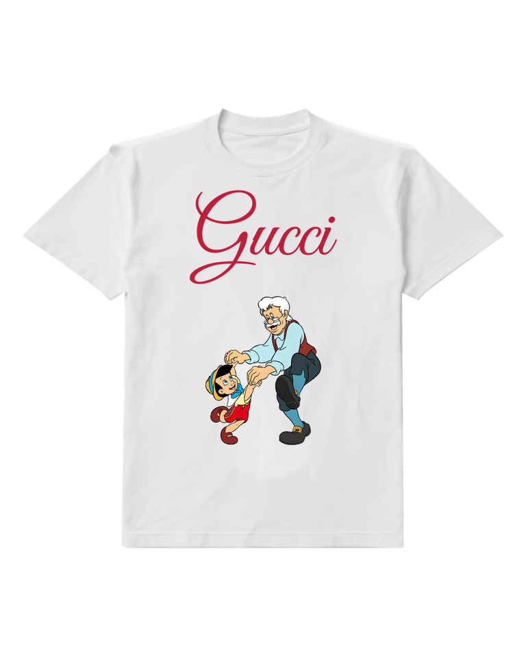 White Pinocchio Being Lifted By Geppetto Graphic T-Shirt - front product view