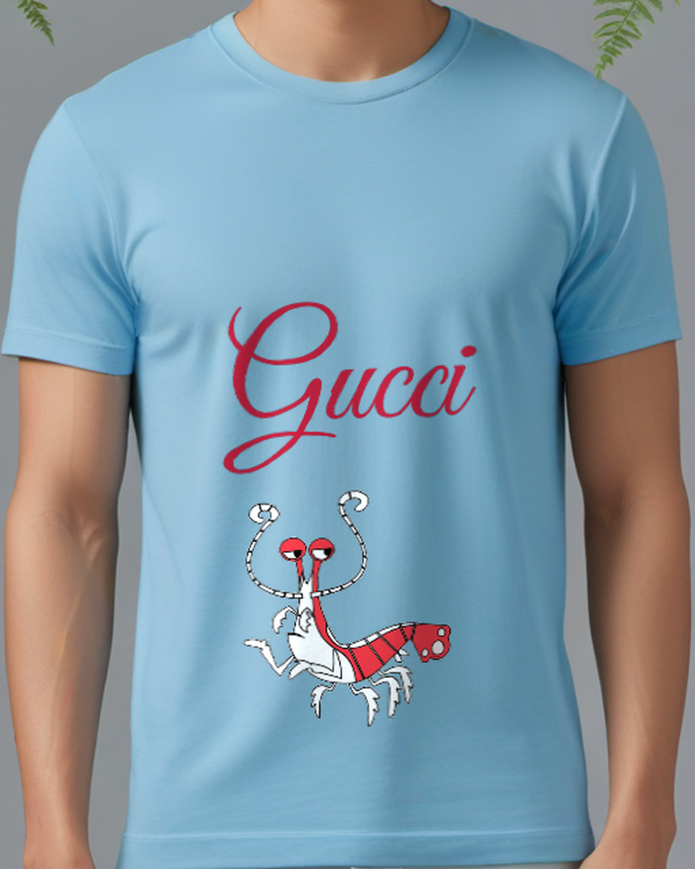 Sky Blue Red And White Shrimp Like Creature Graphic T-Shirt - model wearing view