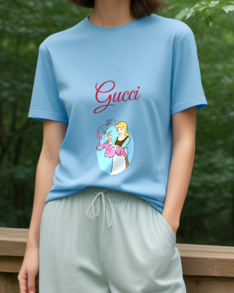 Sky Blue Cinderella Sewing With Birds Above Graphic T-Shirt - model wearing view