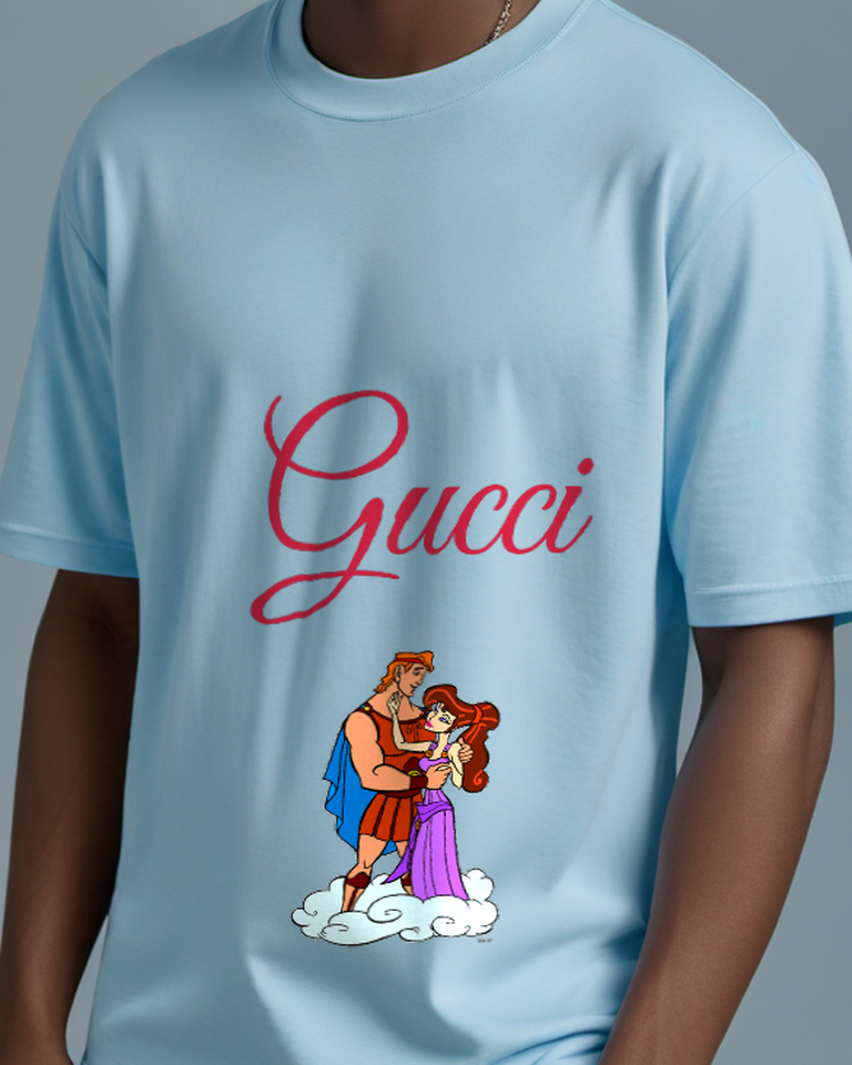 Sky Blue Hercules Holds Woman On Cloud Graphic T-Shirt - model wearing view