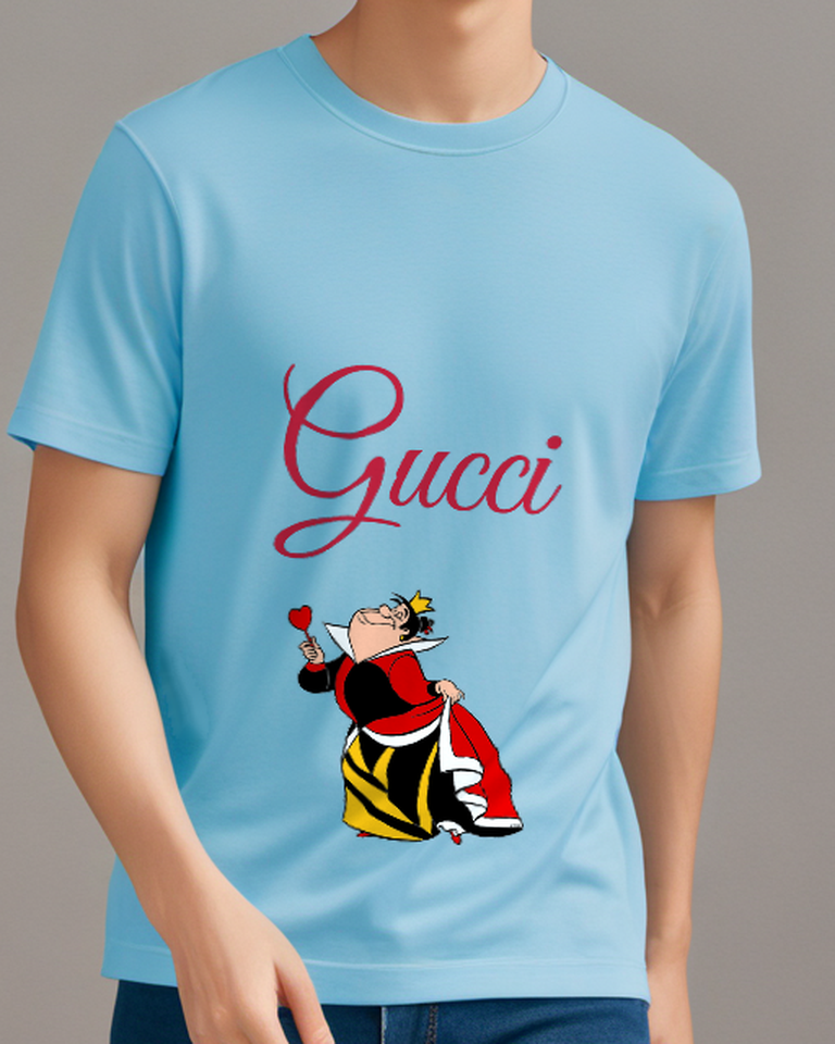 Sky Blue Queen Of Hearts Holding Red Heart Graphic T-Shirt - model wearing view