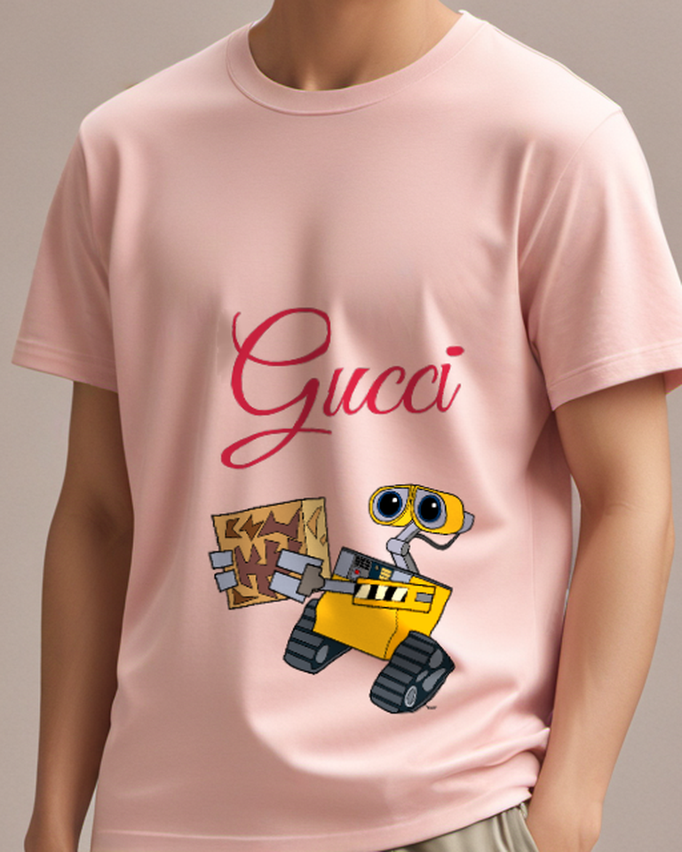 Blush Pink Yellow Robot Holding A Box Graphic T-Shirt - model wearing view