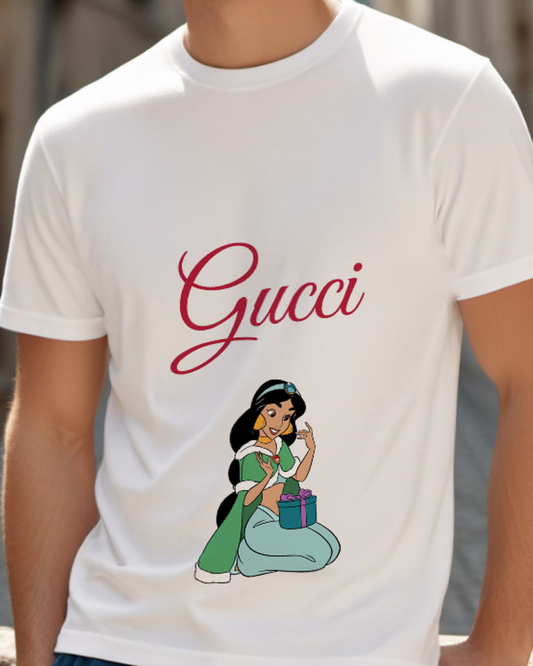 Light Gray Jasmine Kneeling With Gift Graphic T-Shirt - model wearing view