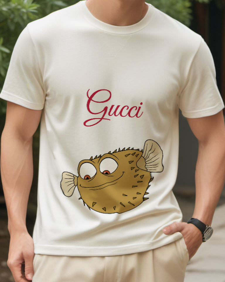 Light Gray Round Golden Puffer Fish Graphic T-Shirt - model wearing view