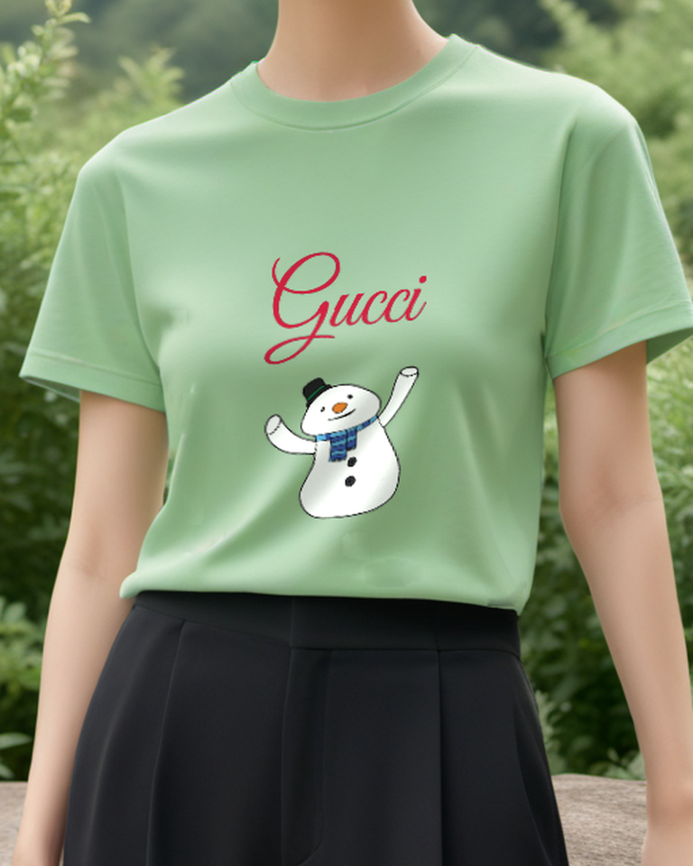 Sage Green Snowman Waving Both Arms Graphic T-Shirt - model wearing view