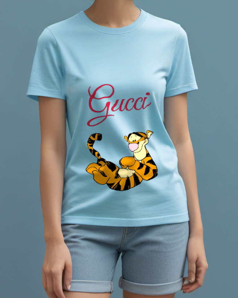 Sky Blue Tiger Floating On Back Graphic T-Shirt - model wearing view