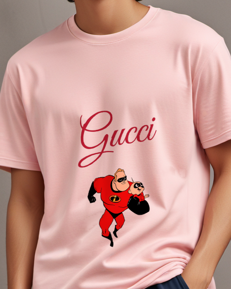 Blush Pink Mr Incredible Runs Carrying Baby Jack Jack Graphic T-Shirt - model wearing view