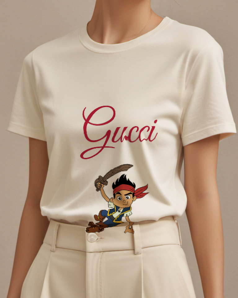 Ivory Pirate Boy Holding Curved Sword Graphic T-Shirt - model wearing view