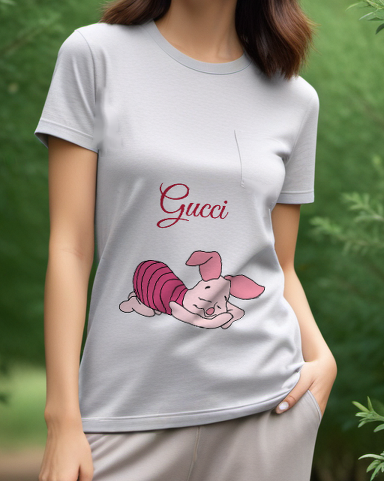 Light Gray Sleeping Piglet Chin On Paws Graphic T-Shirt - model wearing view