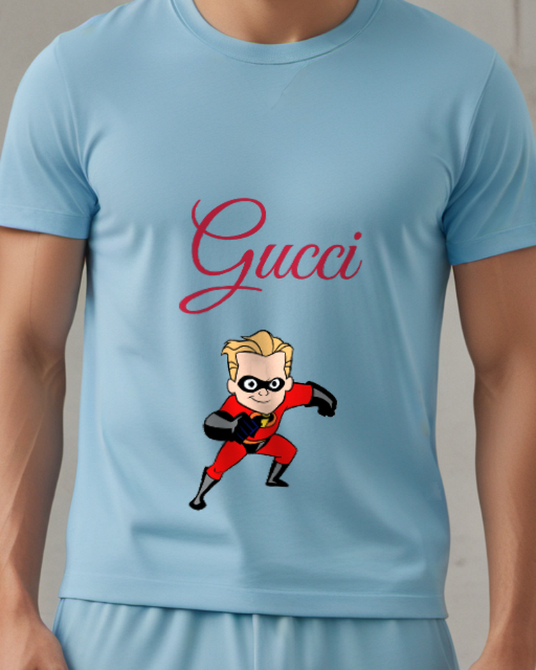 Dusty Blue Young Superhero In Dynamic Running Stance Graphic T-Shirt - model wearing view