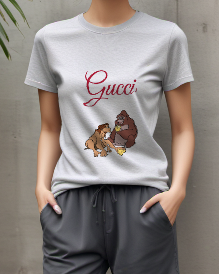 Light Gray Tarzan And Gorilla Sharing Fruit Graphic T-Shirt - model wearing view
