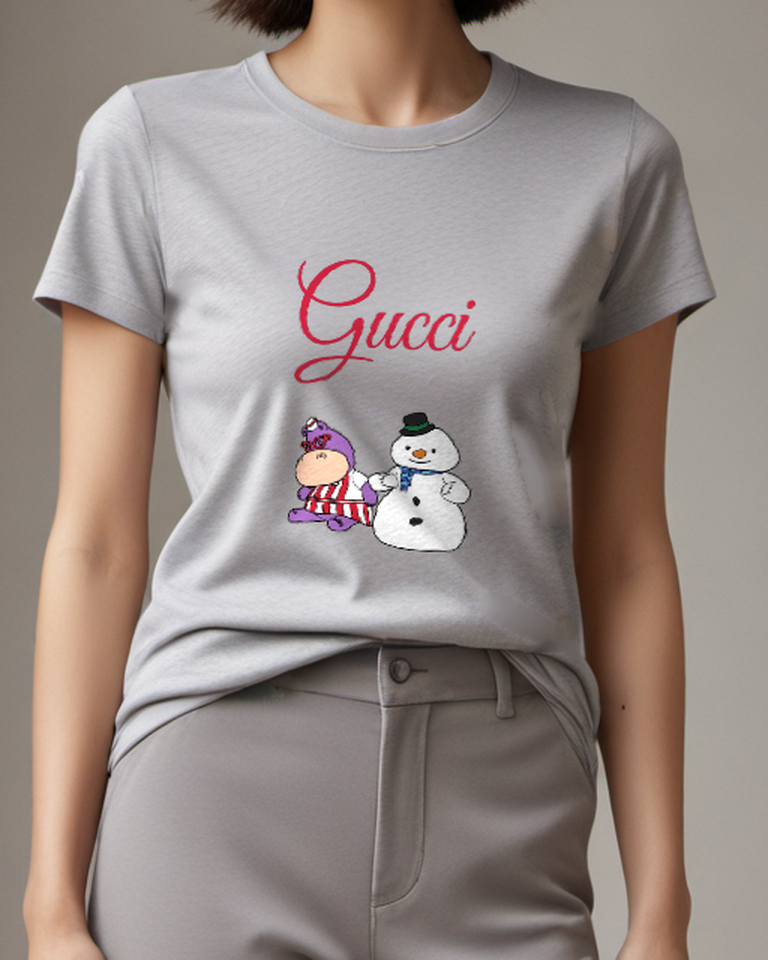 Light Gray Purple Hippo And Snowman Together Graphic T-Shirt - model wearing view