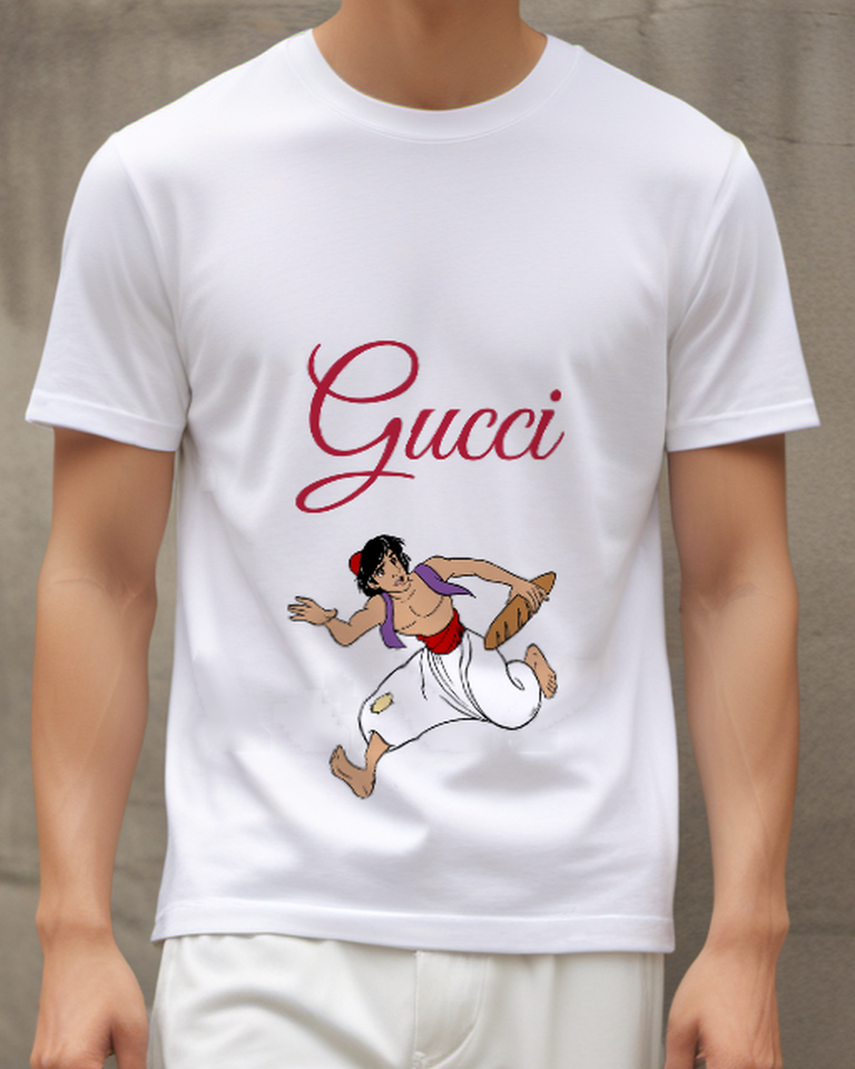 White Aladdin Running With Bread Graphic T-Shirt - model wearing view