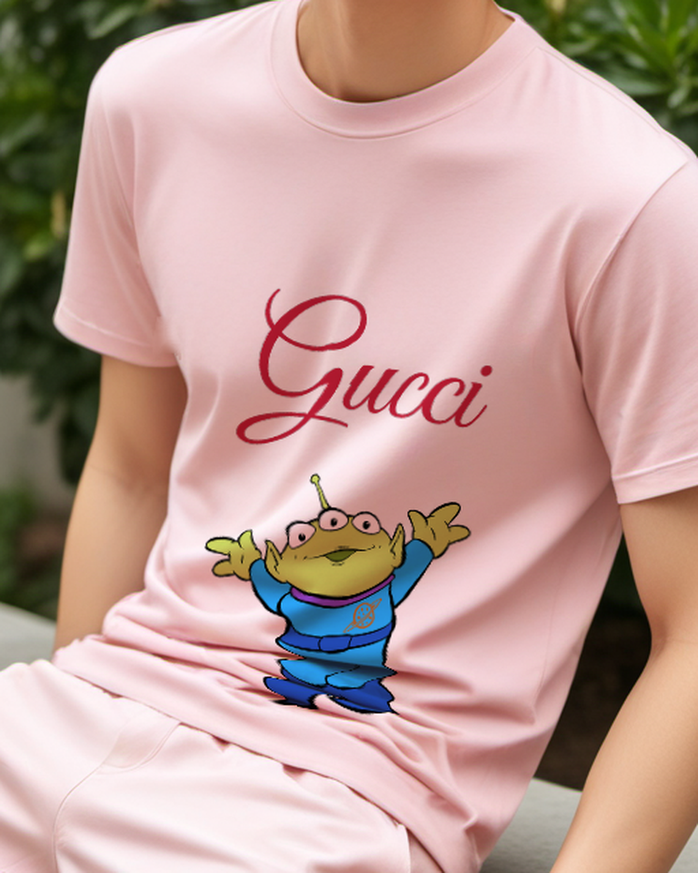 Blush Pink Three Eyed Alien Both Hands Up Graphic T-Shirt - model wearing view