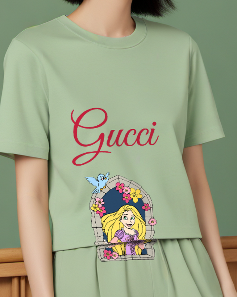 Sage Green Rapunzel Smiles From Arched Window Graphic T-Shirt - model wearing view