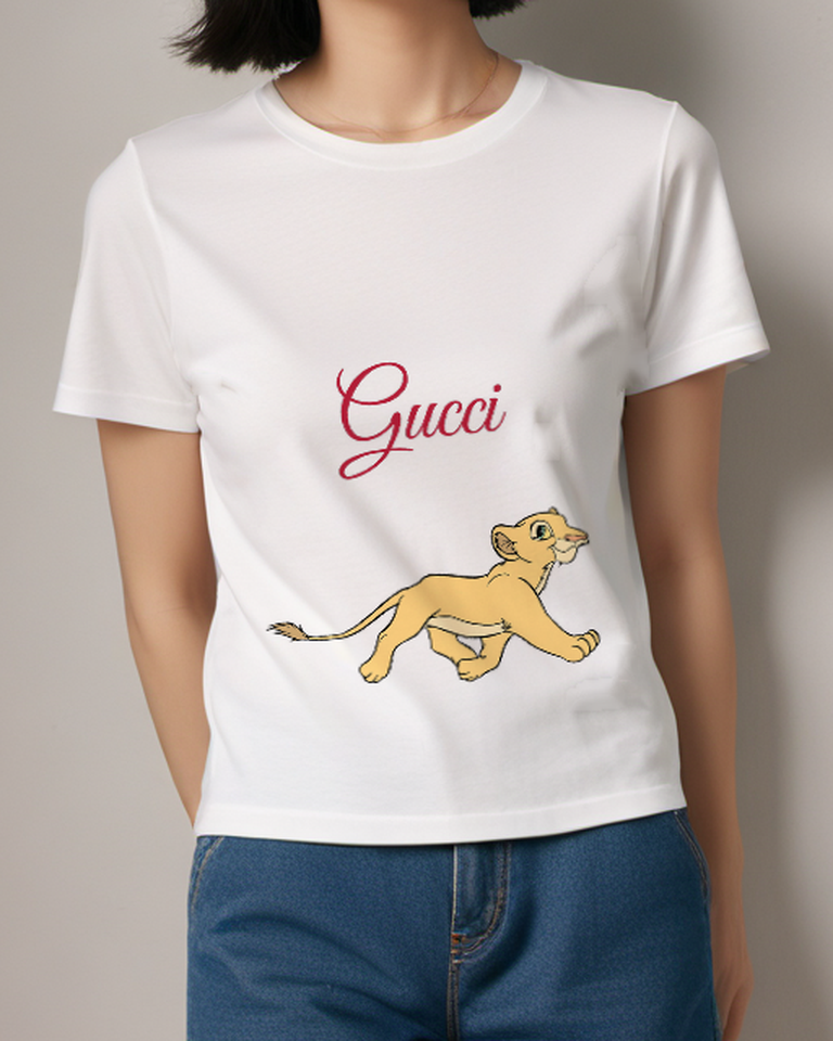 White Striding Lion Cub Graphic T-Shirt - model wearing view