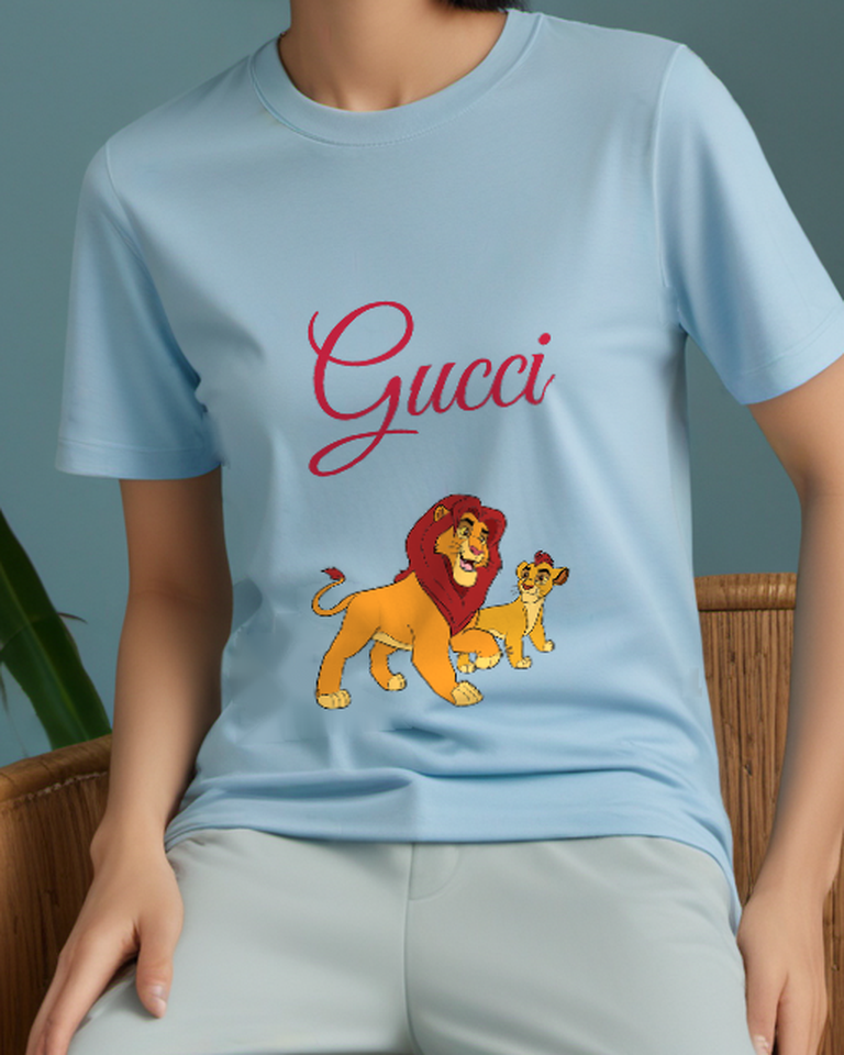 Sky Blue Lion Father Cub Walk Graphic T-Shirt - model wearing view