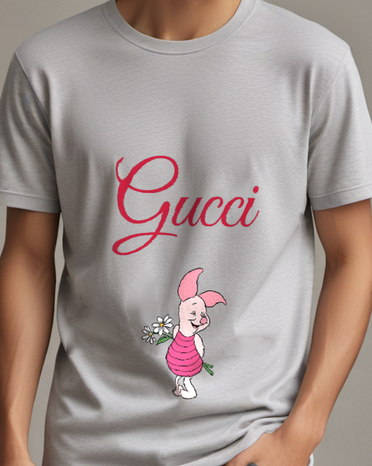 Gray Piglet White Flower Bouquet Graphic T-Shirt - model wearing view