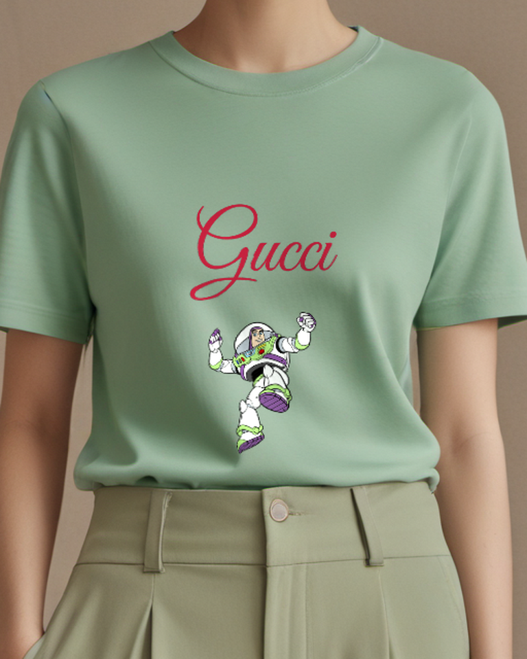 Sage Green Buzz Lightyear Jumping With Arms Raised Graphic T-Shirt - model wearing view