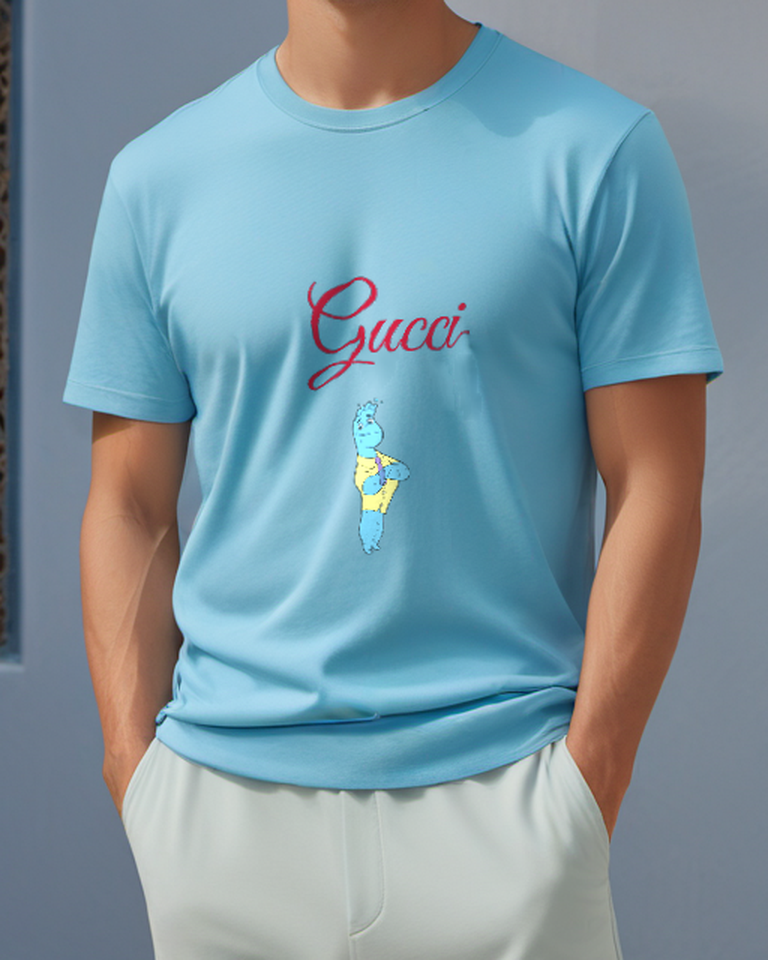 Dusty Blue Blue Aquatic Character Standing Arms Crossed Graphic T-Shirt - model wearing view