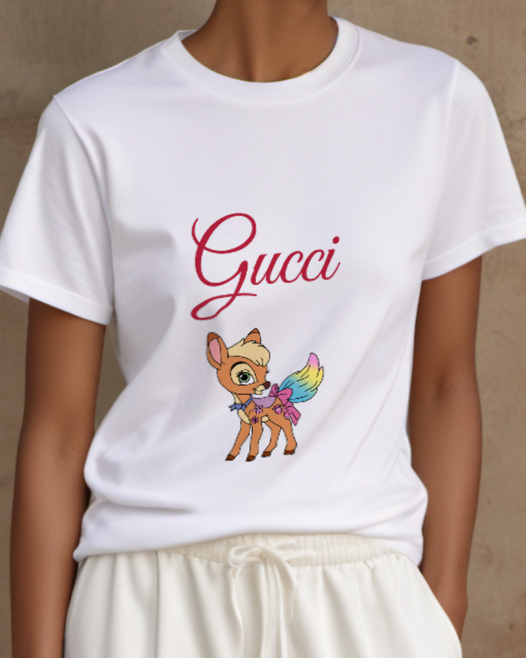 White Cartoon Deer With Rainbow Tail Graphic T-Shirt - model wearing view