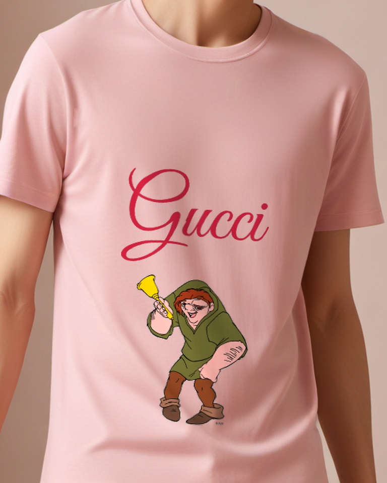 Blush Pink Quasimodo Holding Golden Bell Graphic T-Shirt - model wearing view