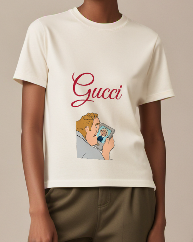 Ivory Man Views Woman On Handheld Device Graphic T-Shirt - model wearing view