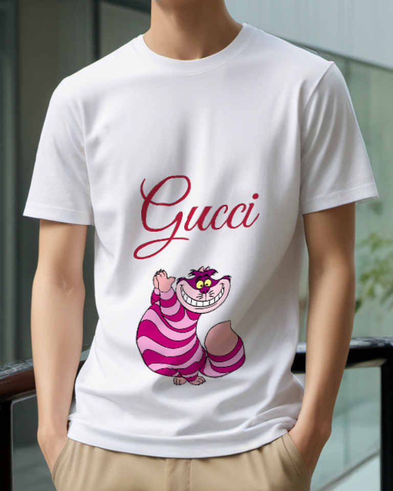 White Striped Grinning Cat Graphic T-Shirt - model wearing view