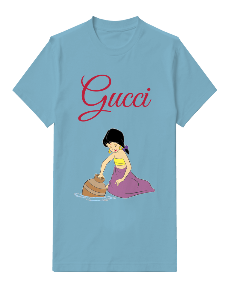 Dusty Blue Girl Kneeling Beside Water Pot Graphic T-Shirt - front product view