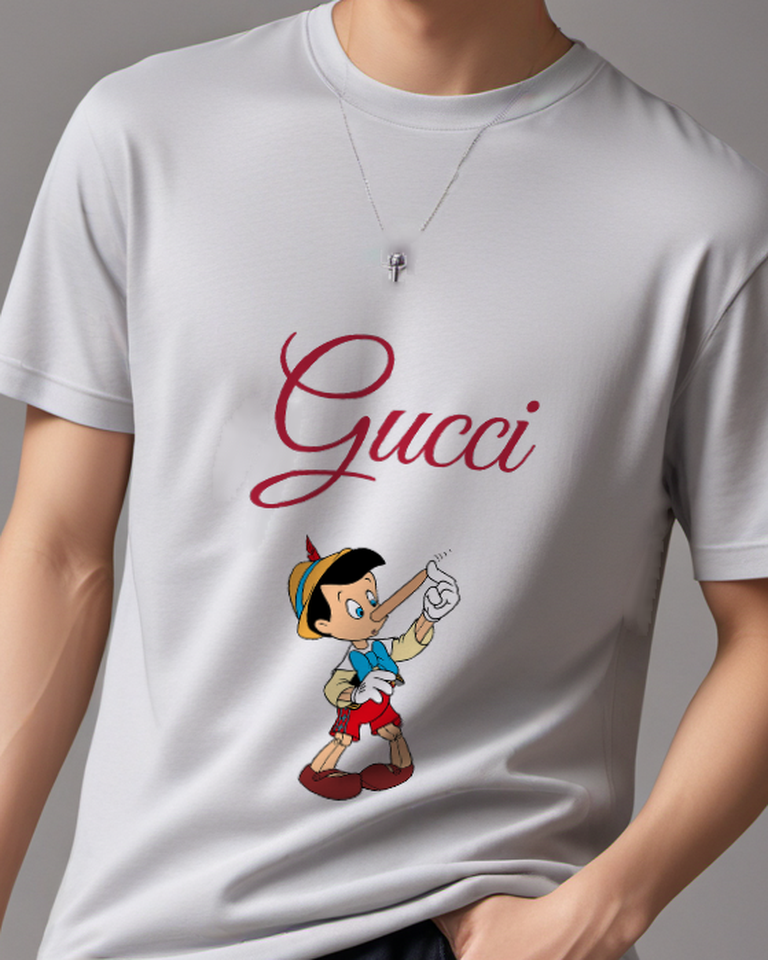 Light Gray Pinocchio Pointing Nose Upward Graphic T-Shirt - model wearing view