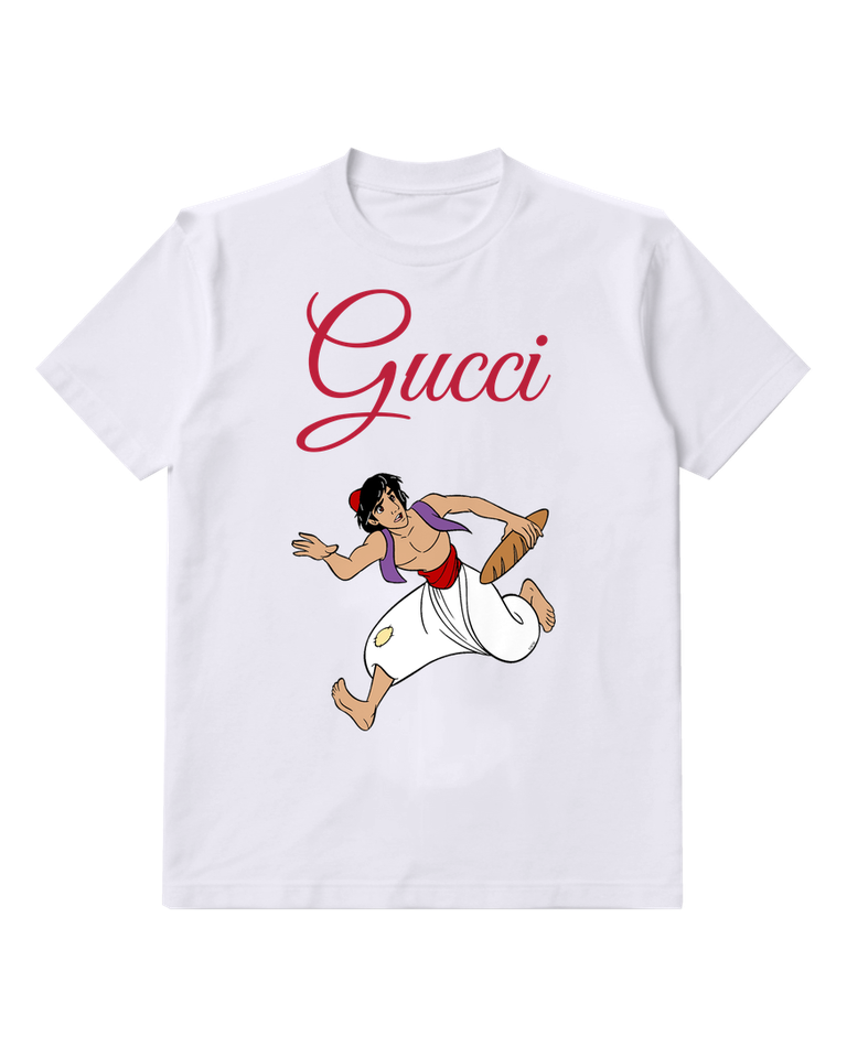 White Aladdin Running With Bread Graphic T-Shirt - front product view