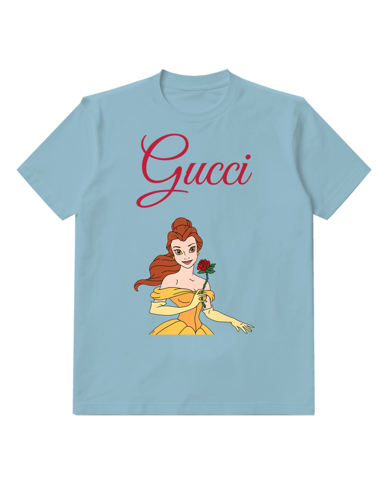 Sky Blue Belle Holding Rose In Yellow Gown Graphic T-Shirt - front product view