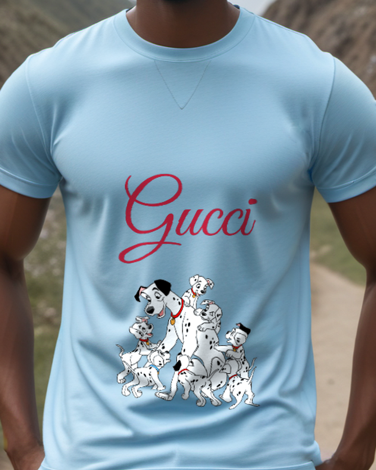 Sky Blue Spotted Dog Family Graphic T-Shirt - model wearing view