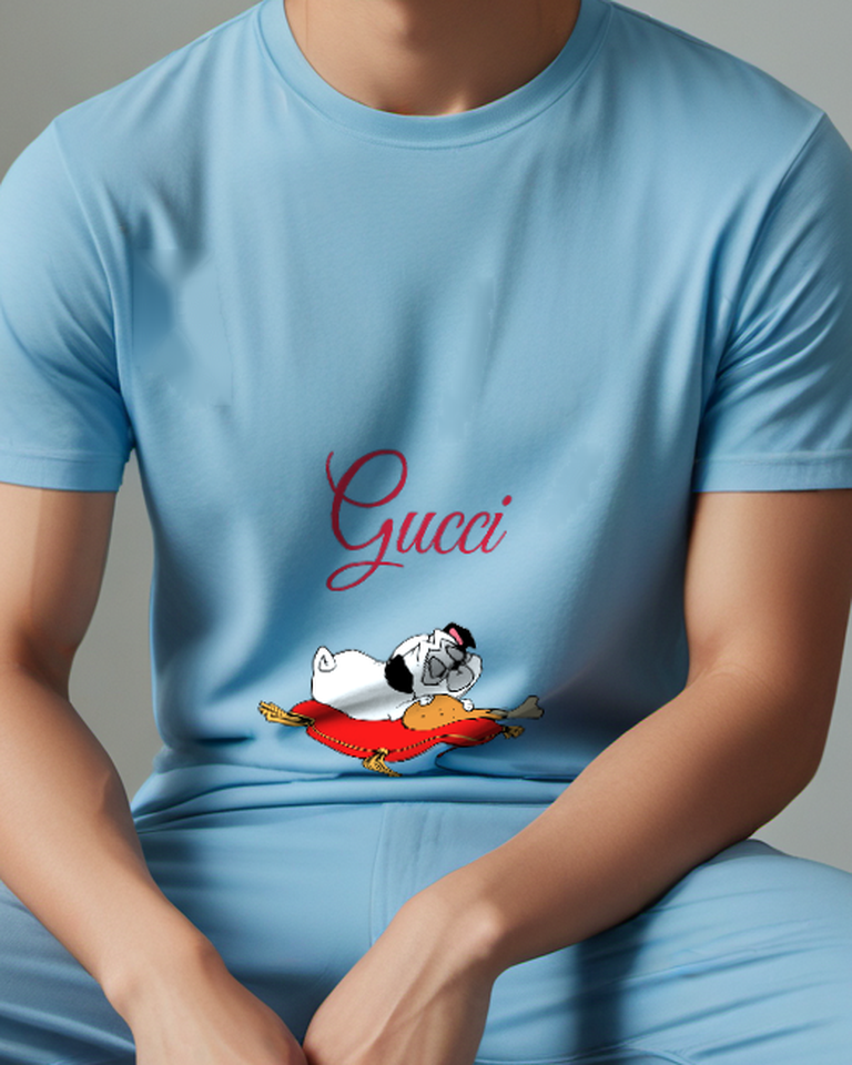 Dusty Blue Dog Red Sweater Run Graphic T-Shirt - model wearing view