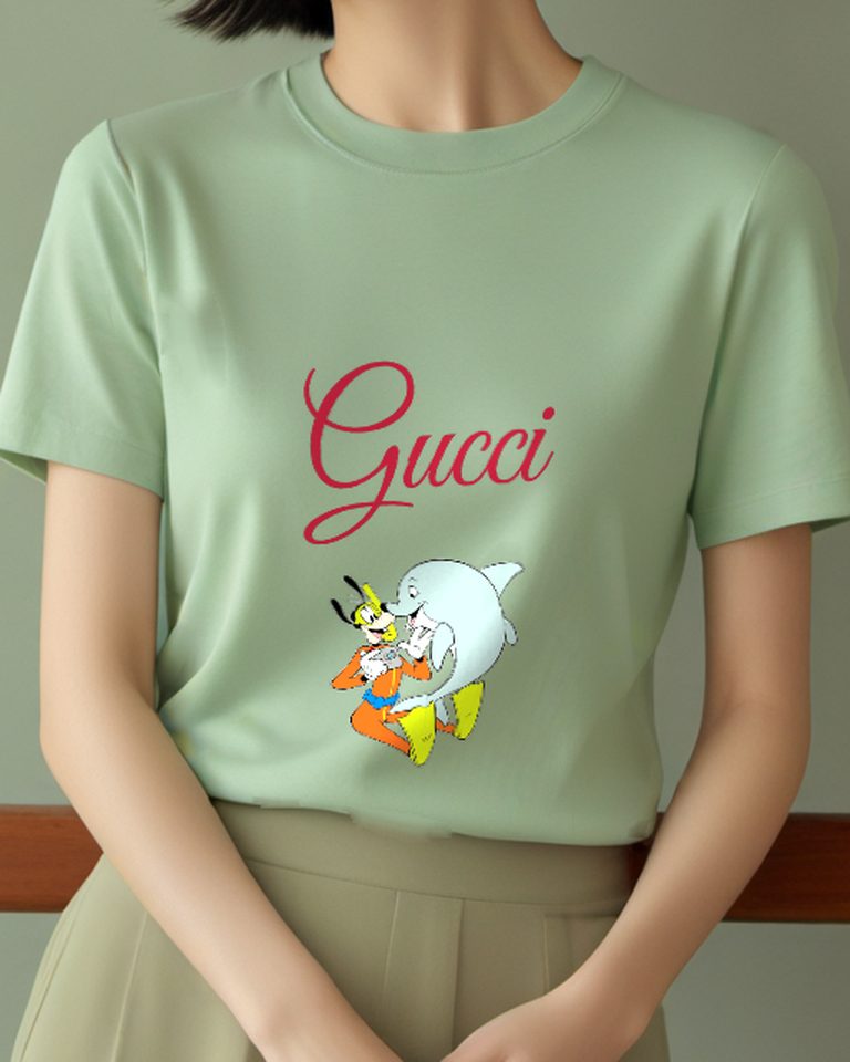 Sage Green Goofy Underwater With Dolphin Graphic T-Shirt - model wearing view