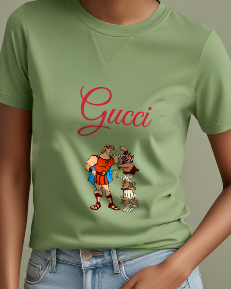 Sage Green Hercules Flexes Arm Opponent On Pillar Graphic T-Shirt - model wearing view