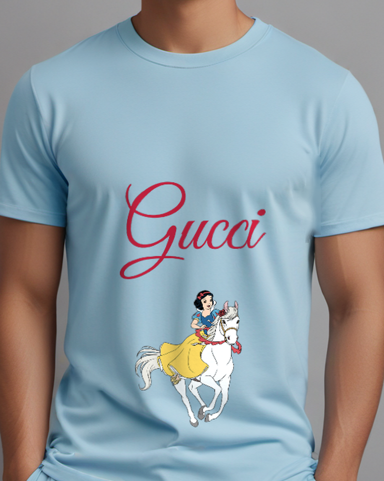 Sky Blue Snow White Riding A White Horse Graphic T-Shirt - model wearing view