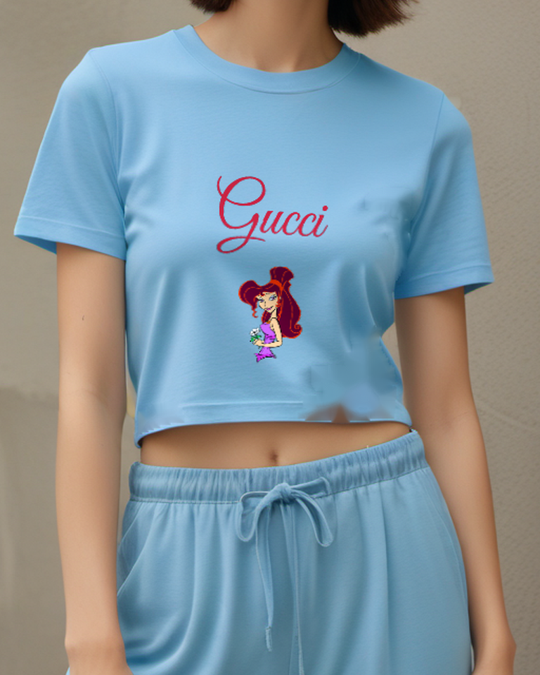 Sky Blue Meg Holding White Flower Graphic T-Shirt - model wearing view