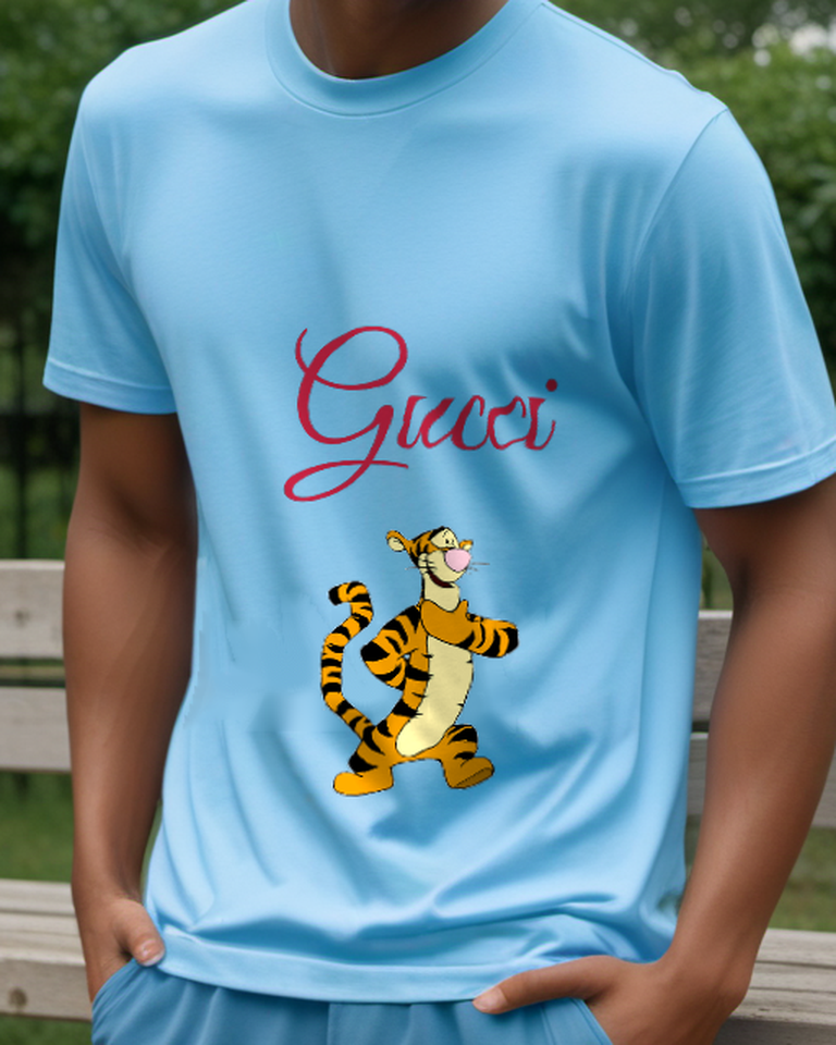 Sky Blue Tiger Walking Raised Paw Graphic T-Shirt - model wearing view