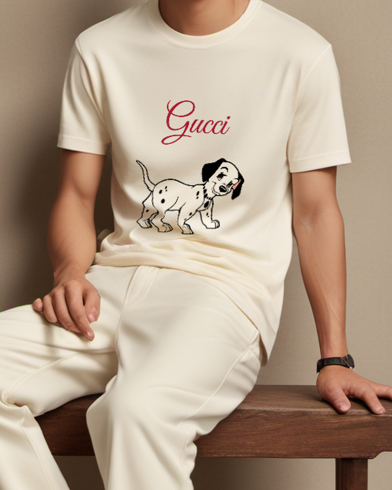Ivory Dalmatian Puppy Walking Forward Graphic T-Shirt - model wearing view